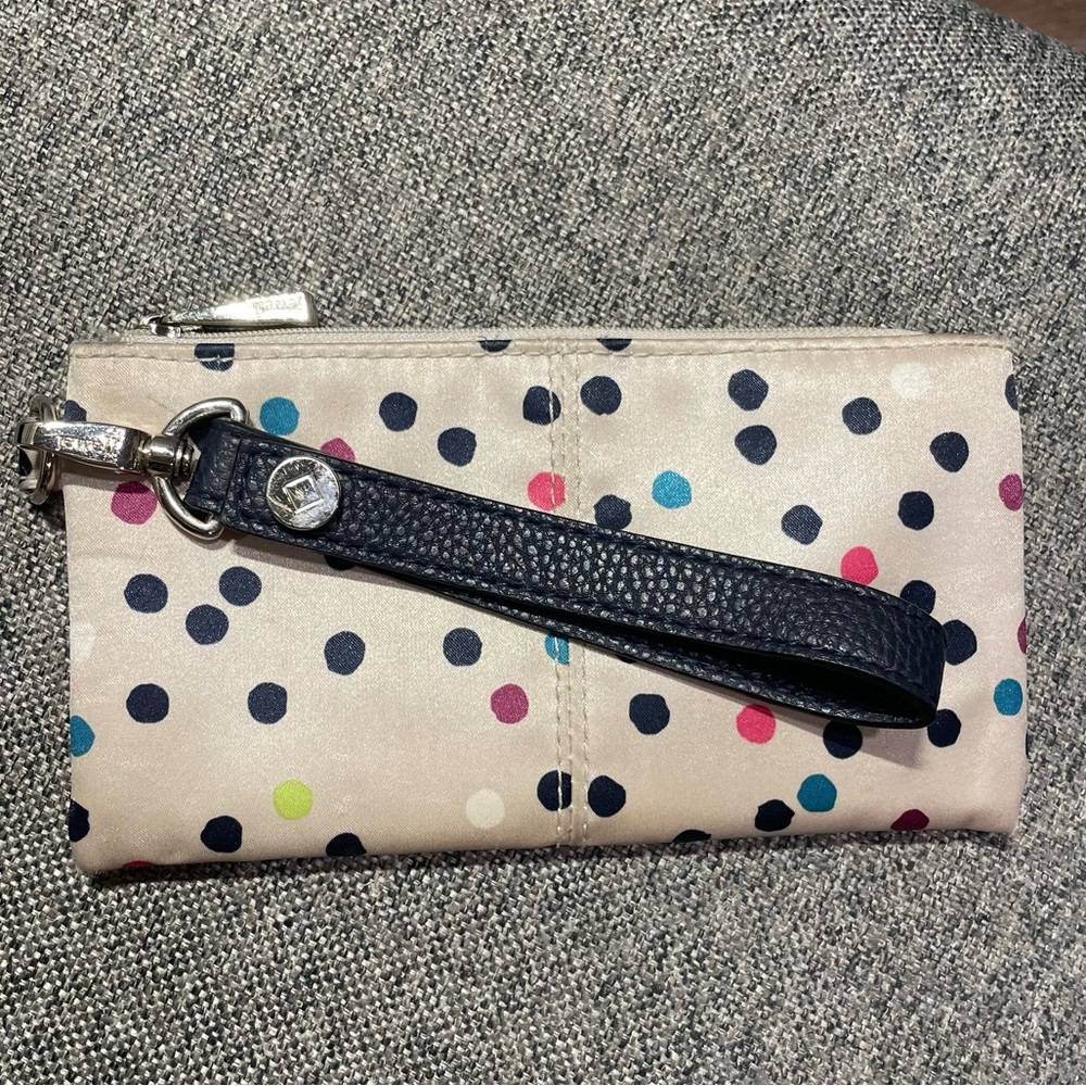 Jewell by thirty-one Wristlet Wallet. Light tan satin with colorful polka dots.
